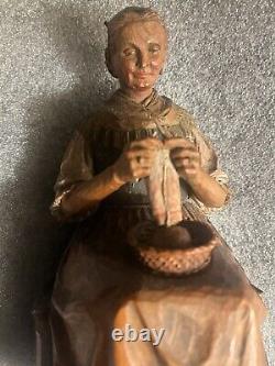 1950 Anri Carved Woman Knitting signed Katharina Kaslatter Folk Art Figure