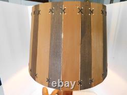 1950's CLEMENT DUBE Carved Big Horn Ram Folk Art Lamp, Wood Slat Lamp Shade 3/69