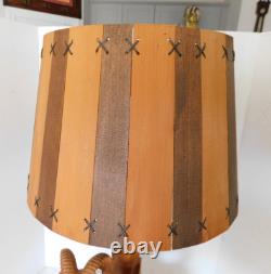 1950's CLEMENT DUBE Carved Big Horn Ram Folk Art Lamp, Wood Slat Lamp Shade 3/69