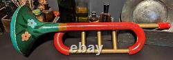 1950's Hand Carved & Painted Wooden Toy Trumpet Folk Art Display Christmas Decor