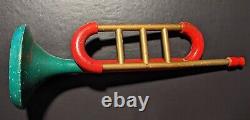 1950's Hand Carved & Painted Wooden Toy Trumpet Folk Art Display Christmas Decor