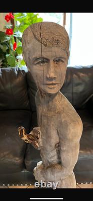 1960s Flag Holder Wood Statue Carved Rare Americana Folk-art