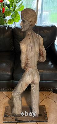 1960s Flag Holder Wood Statue Carved Rare Americana Folk-art