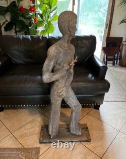 1960s Flag Holder Wood Statue Carved Rare Americana Folk-art