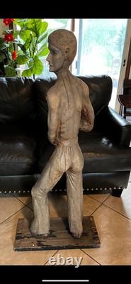 1960s Flag Holder Wood Statue Carved Rare Americana Folk-art