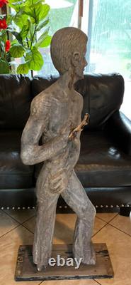 1960s Flag Holder Wood Statue Carved Rare Americana Folk-art