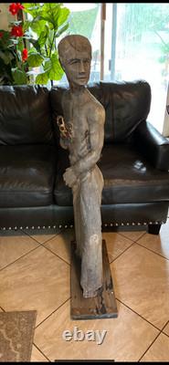 1960s Flag Holder Wood Statue Carved Rare Americana Folk-art