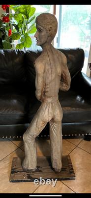 1960s Flag Holder Wood Statue Carved Rare Americana Folk-art