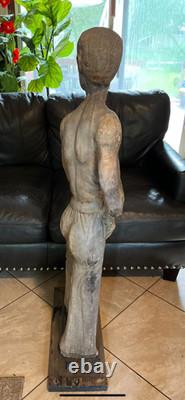 1960s Flag Holder Wood Statue Carved Rare Americana Folk-art