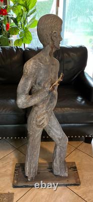1960s Flag Holder Wood Statue Carved Rare Americana Folk-art