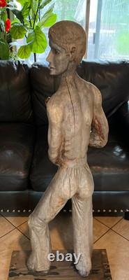 1960s Flag Holder Wood Statue Carved Rare Americana Folk-art