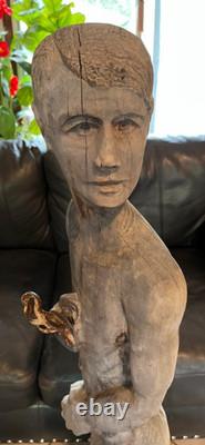 1960s Flag Holder Wood Statue Carved Rare Americana Folk-art