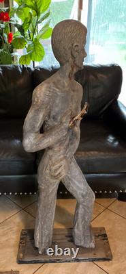 1960s Flag Holder Wood Statue Carved Rare Americana Folk-art