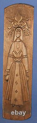 1991 Hand carved wood wall decor plaque woman with folk costume
