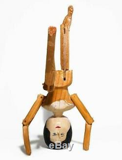 19th C American Antique Folk Art Hand Carved Painted Kinetic Hinged Wooden Doll