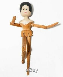 19th C American Antique Folk Art Hand Carved Painted Kinetic Hinged Wooden Doll