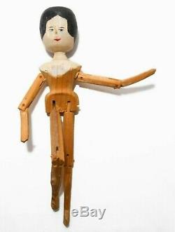 19th C American Antique Folk Art Hand Carved Painted Kinetic Hinged Wooden Doll