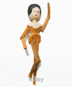 19th C American Antique Folk Art Hand Carved Painted Kinetic Hinged Wooden Doll