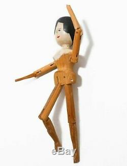 19th C American Antique Folk Art Hand Carved Painted Kinetic Hinged Wooden Doll