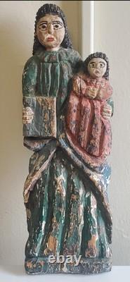 19th Century Antique Madonna & Child Hand Carved South American Folk Art