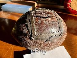 19th Century Folk Art Sailors Carved coconut, Sterling Accents, Fraternal Flags