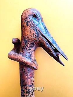 19th, century FOLK ART Hand CARVED CRANE & SNAKE WOOD CANE Painted Story Pic
