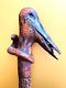 19th, Century Folk Art Hand Carved Crane & Snake Wood Cane Painted Story Pic