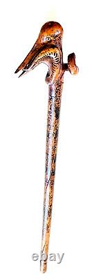 19th, century FOLK ART Hand CARVED CRANE & SNAKE WOOD CANE Painted Story Pic