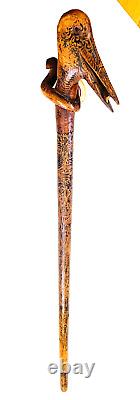 19th, century FOLK ART Hand CARVED CRANE & SNAKE WOOD CANE Painted Story Pic