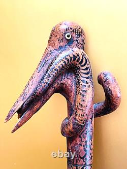19th, century FOLK ART Hand CARVED CRANE & SNAKE WOOD CANE Painted Story Pic