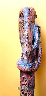 19th, century FOLK ART Hand CARVED CRANE & SNAKE WOOD CANE Painted Story Pic