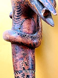 19th, century FOLK ART Hand CARVED CRANE & SNAKE WOOD CANE Painted Story Pic