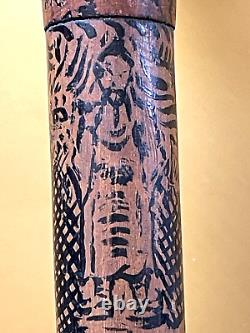 19th, century FOLK ART Hand CARVED CRANE & SNAKE WOOD CANE Painted Story Pic
