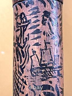 19th, century FOLK ART Hand CARVED CRANE & SNAKE WOOD CANE Painted Story Pic