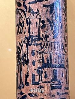 19th, century FOLK ART Hand CARVED CRANE & SNAKE WOOD CANE Painted Story Pic