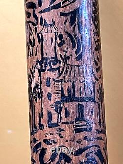 19th, century FOLK ART Hand CARVED CRANE & SNAKE WOOD CANE Painted Story Pic