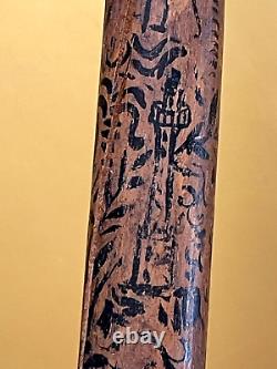 19th, century FOLK ART Hand CARVED CRANE & SNAKE WOOD CANE Painted Story Pic