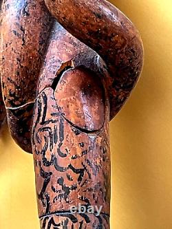 19th, century FOLK ART Hand CARVED CRANE & SNAKE WOOD CANE Painted Story Pic