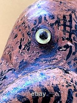 19th, century FOLK ART Hand CARVED CRANE & SNAKE WOOD CANE Painted Story Pic