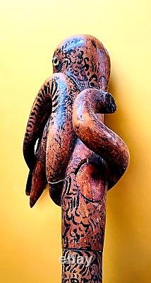 19th, century FOLK ART Hand CARVED CRANE & SNAKE WOOD CANE Painted Story Pic
