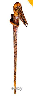 19th, century FOLK ART Hand CARVED CRANE & SNAKE WOOD CANE Painted Story Pic