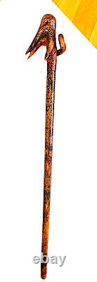 19th, century FOLK ART Hand CARVED CRANE & SNAKE WOOD CANE Painted Story Pic