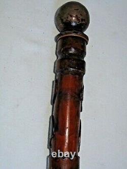 19thc. Antique Folk Art Cane Walking Stick Carved Playing Cards & Snake 37 tall