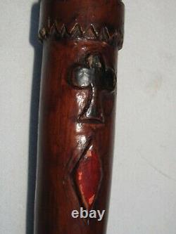 19thc. Antique Folk Art Cane Walking Stick Carved Playing Cards & Snake 37 tall