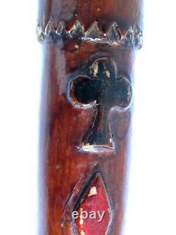 19thc. Antique Folk Art Cane Walking Stick Carved Playing Cards & Snake 37 tall