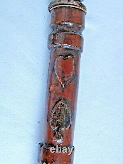 19thc. Antique Folk Art Cane Walking Stick Carved Playing Cards & Snake 37 tall
