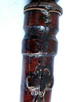 19thc. Antique Folk Art Cane Walking Stick Carved Playing Cards & Snake 37 tall