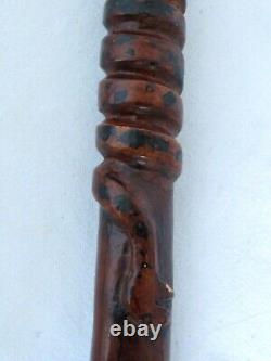 19thc. Antique Folk Art Cane Walking Stick Carved Playing Cards & Snake 37 tall