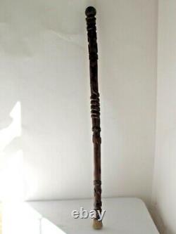 19thc. Antique Folk Art Cane Walking Stick Carved Playing Cards & Snake 37 tall