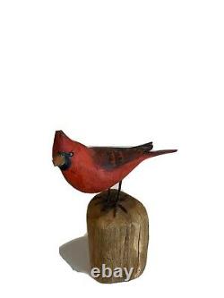 1 Vintage Peter Peltz Carved & Painted Wood Folk Art Red Cardinal Bird Signed